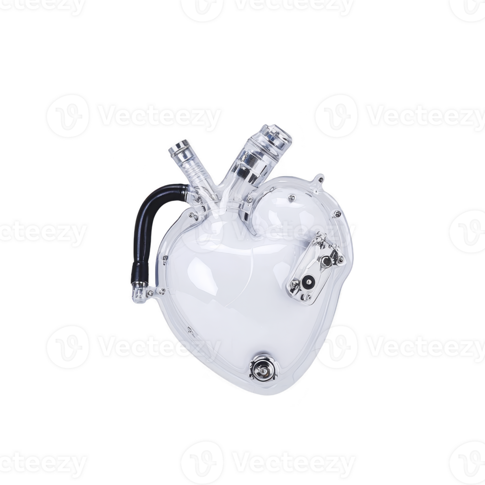 transparent mechanical heart with visible tubes and components, showcasing intricate engineering and futuristic design. heart shape is clear, with metallic elements and connectors png