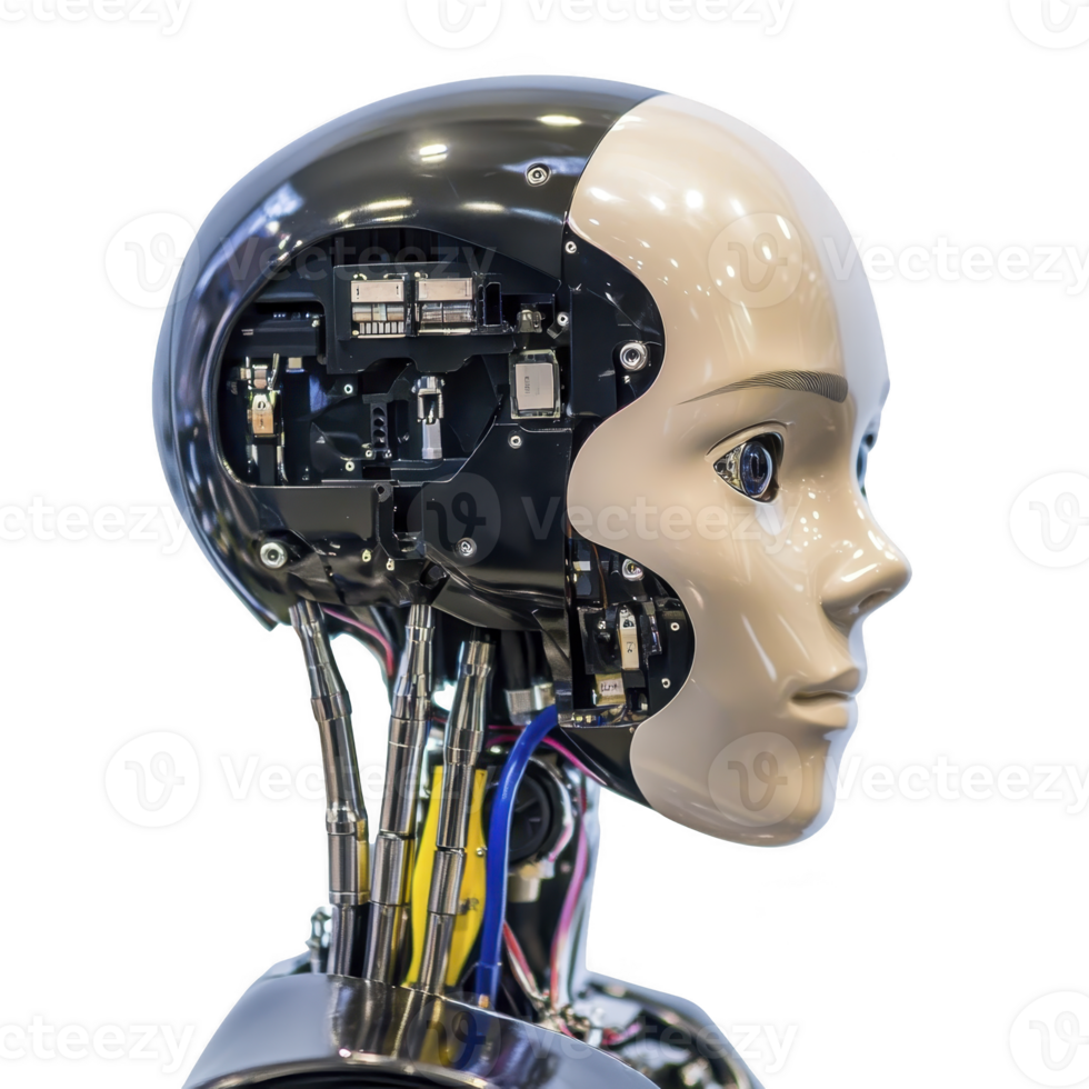 humanoid robot with visible mechanical interior and smooth, expressive face represents advanced technology and artificial intelligence png