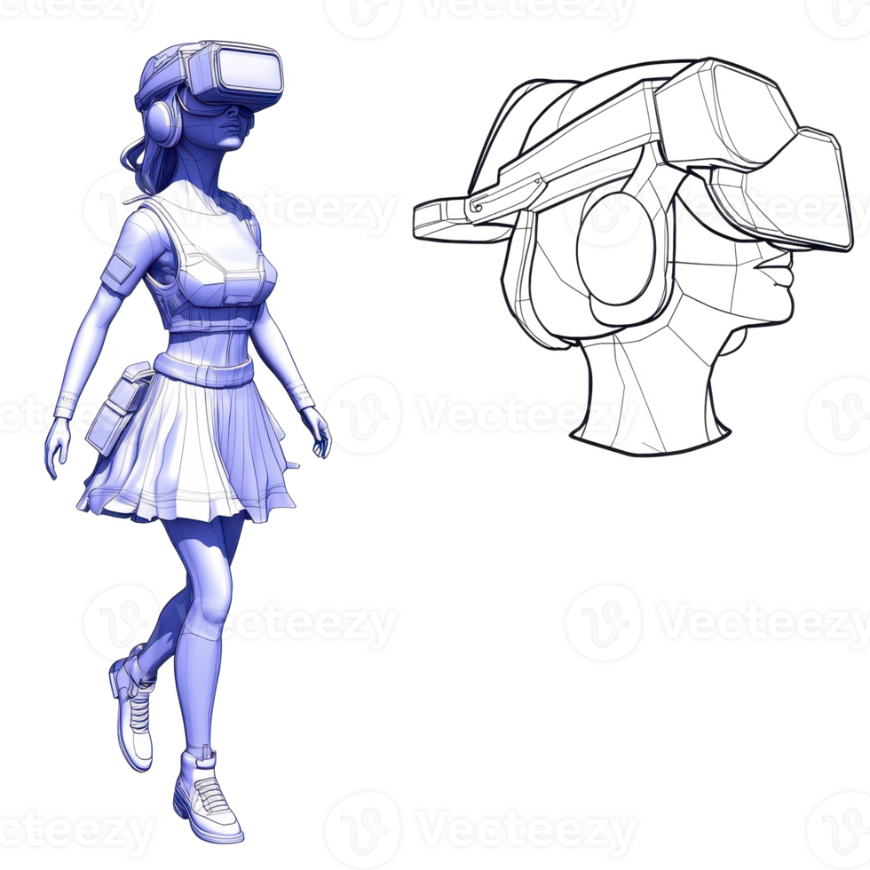 futuristic illustration of woman wearing virtual reality headset, showcasing blend of technology and fashion. design includes detailed sketch of headset, emphasizing innovation png