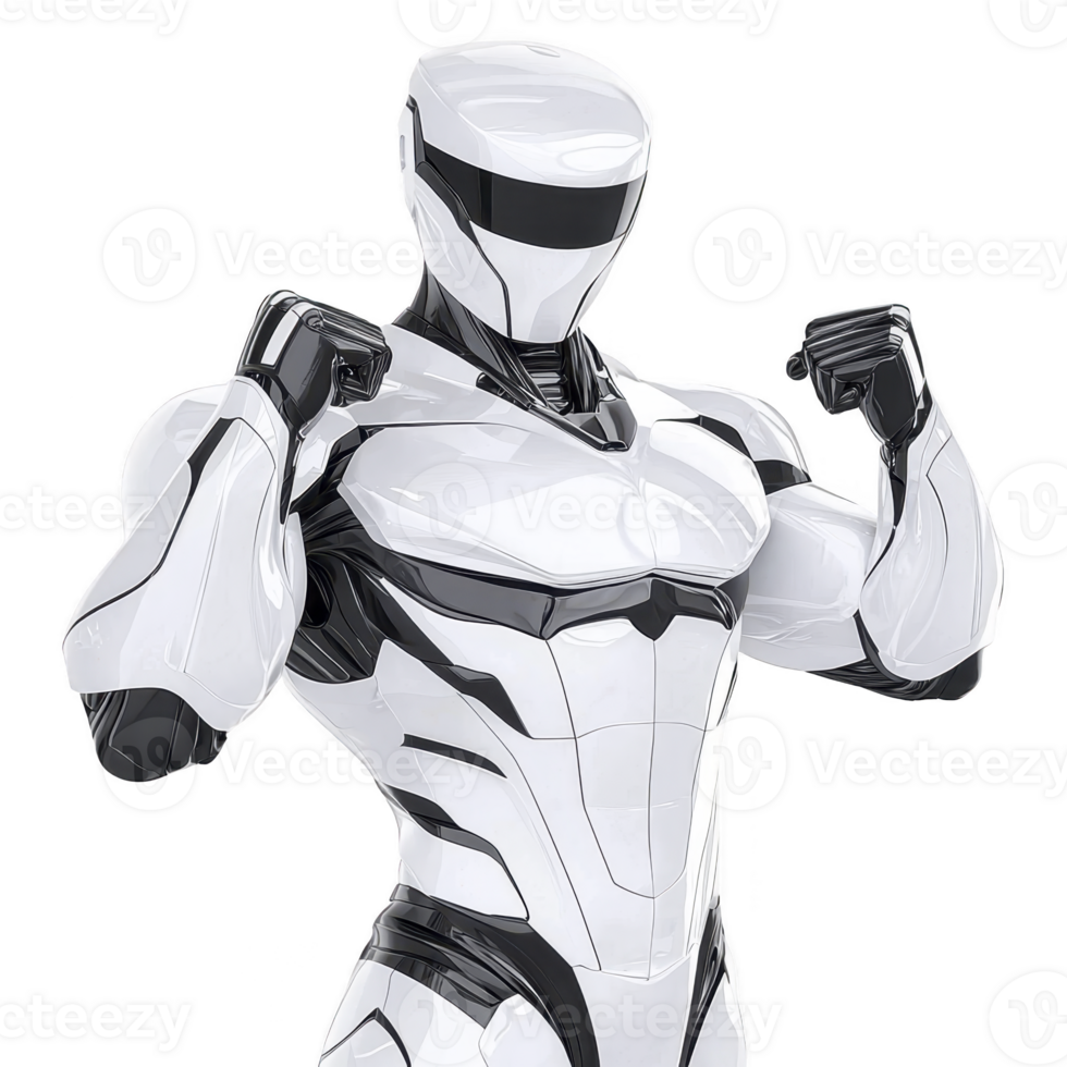 futuristic humanoid robot with sleek white and black design stands confidently with clenched fists, showcasing advanced technology and strength png