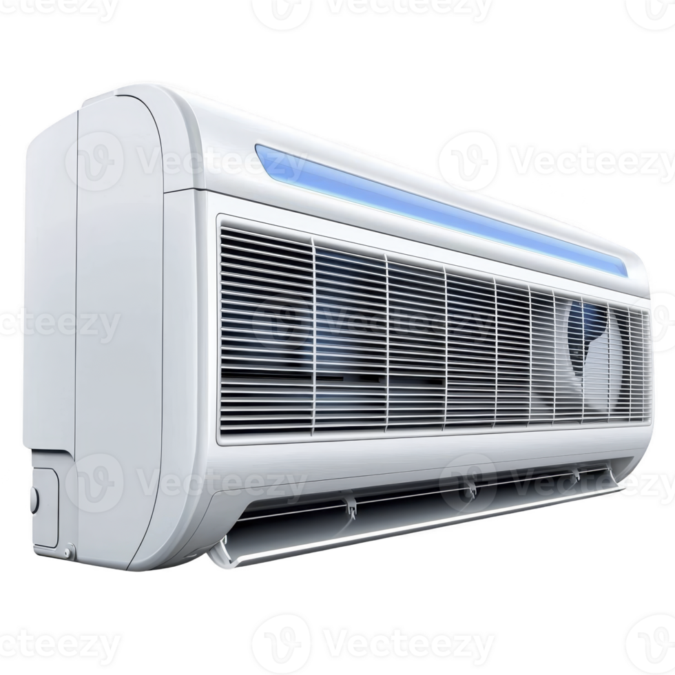 sleek, modern wall mounted air conditioner with digital display and vents, designed for efficient cooling in home or office spaces. unit features minimalist design with white finish png