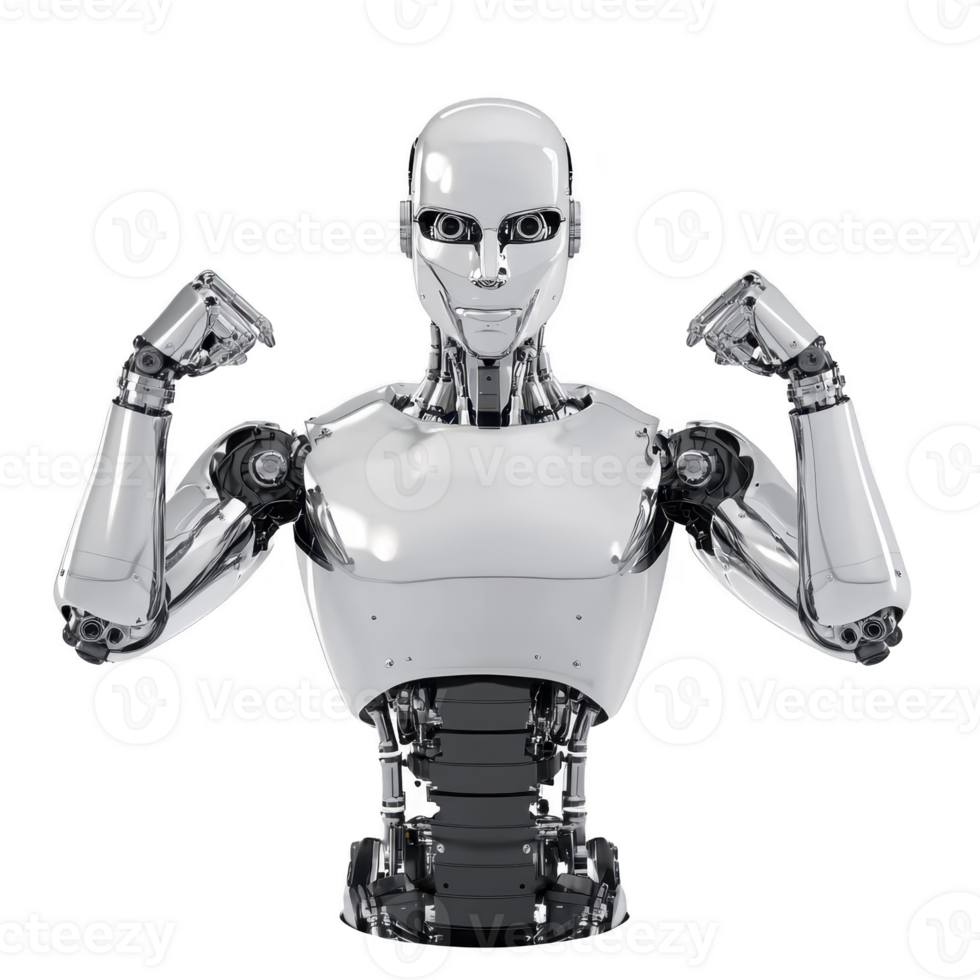 humanoid robot with sleek metallic design flexes its arms, showcasing advanced technology and futuristic engineering. robot expression is confident and powerful png