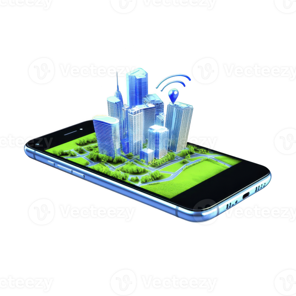 smartphone displays 3D cityscape with skyscrapers and green spaces, symbolizing smart city technology and connectivity. image conveys innovation and modern urban planning png