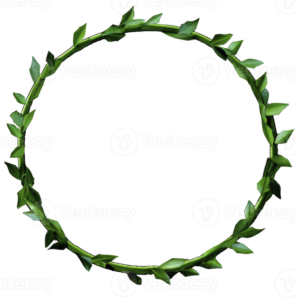 A circular green leaf wreath with natural and elegant design, perfect for decorative purposes or as frame for text or images. lush greenery adds fresh and organic touch to any setting png