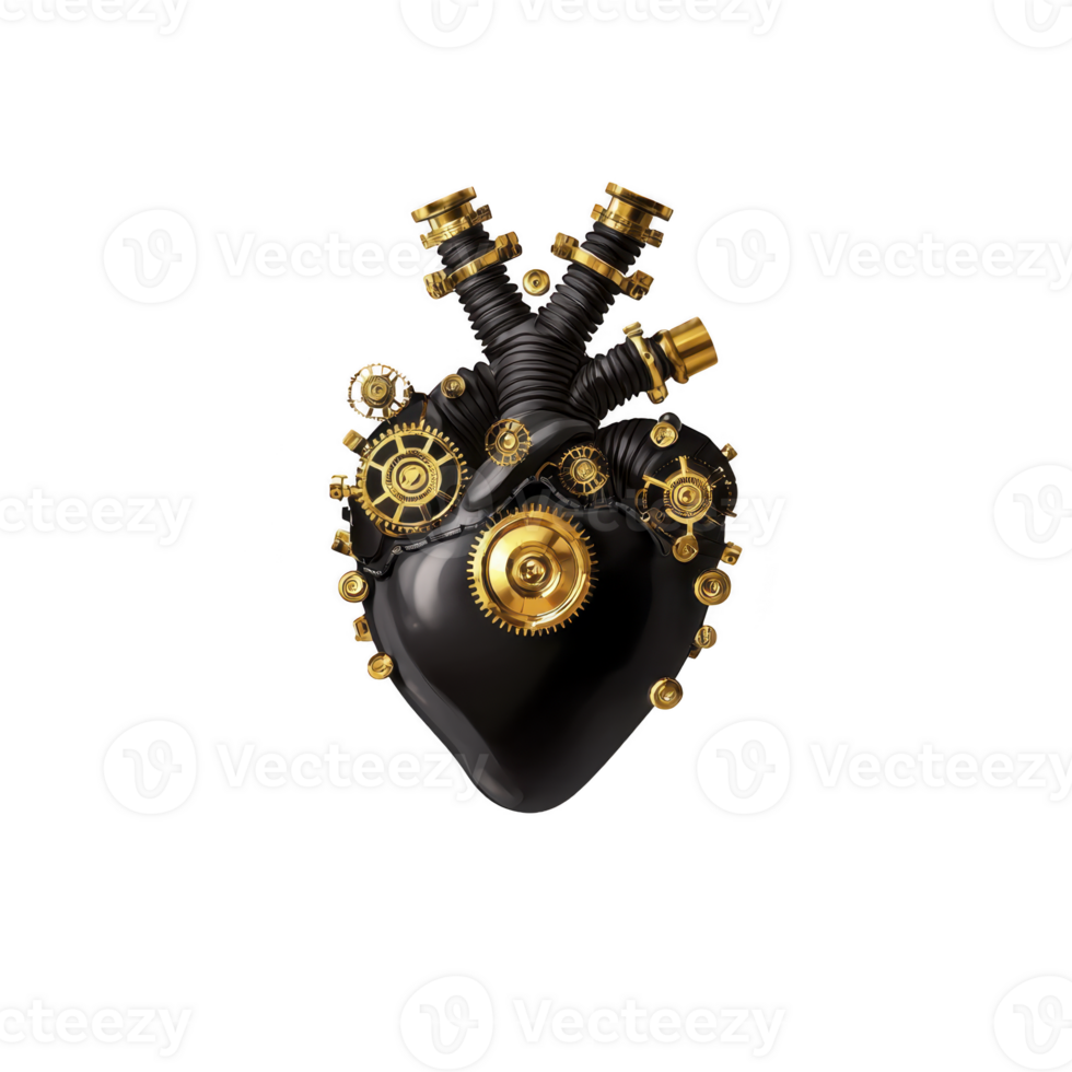 black mechanical heart with intricate golden gears and cogs symbolizes fusion of technology and emotion. steampunk design evokes sense of innovation and creativity png