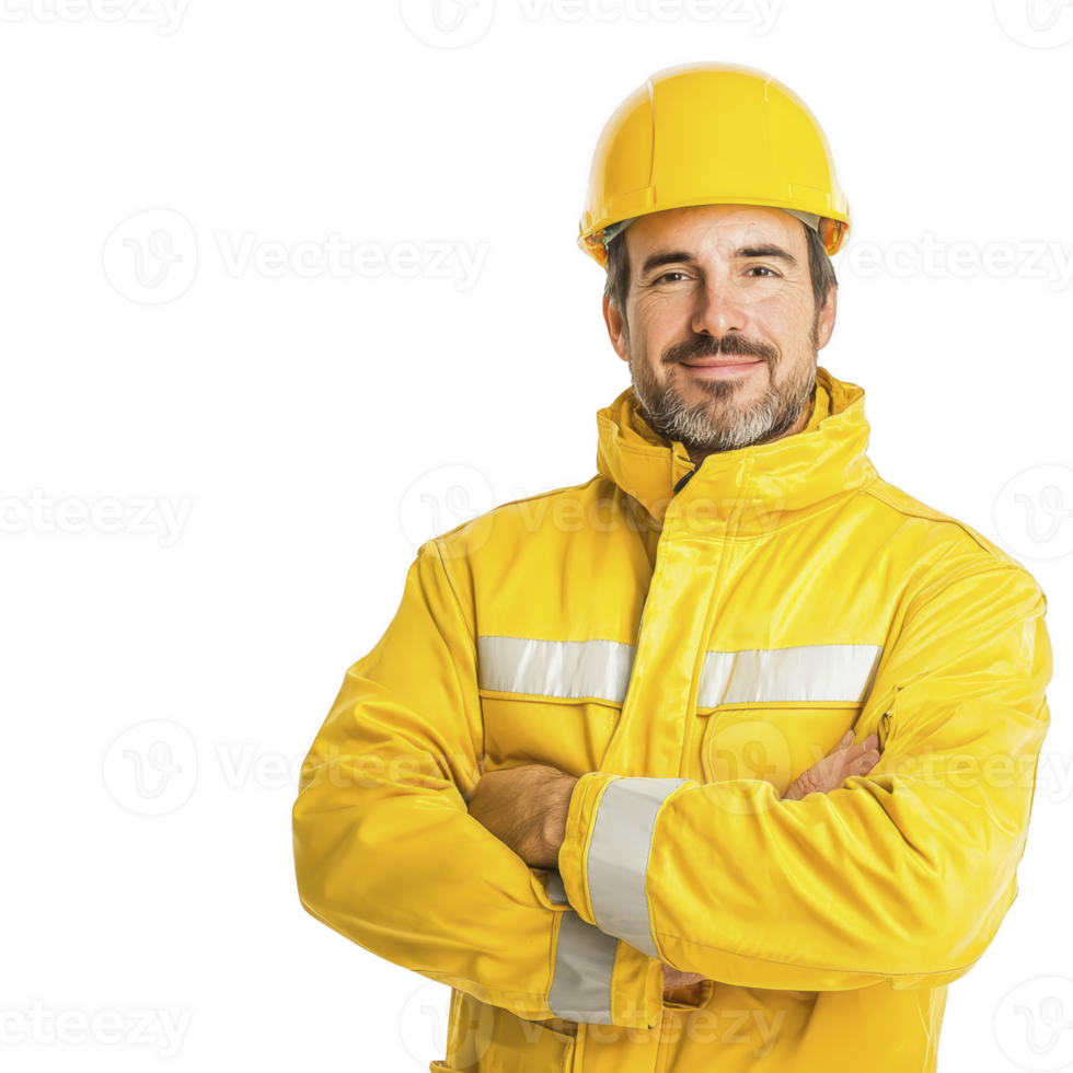 A confident construction worker in yellow safety jacket and hard hat stands with arms crossed, exuding professionalism and readiness for work png