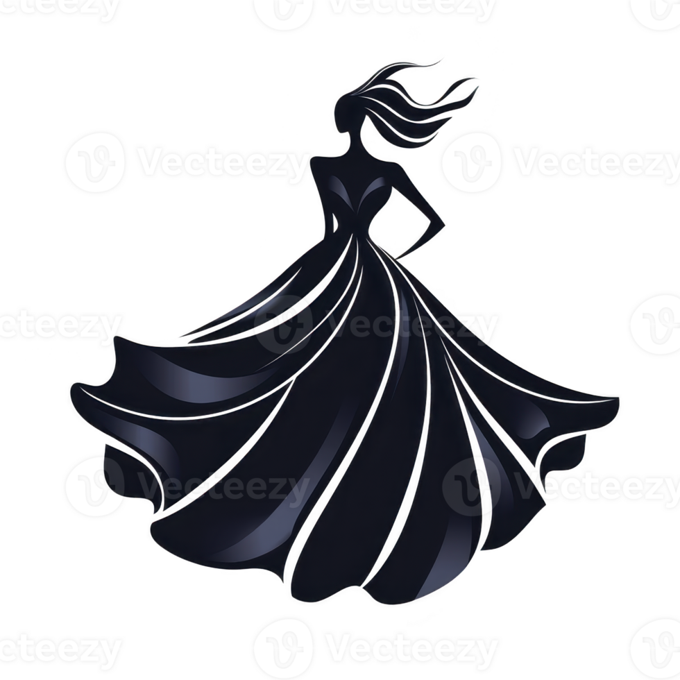 A silhouette of woman in flowing gown with dynamic lines and elegant curves, suggesting movement and grace. design is abstract, with focus on fashion and style png