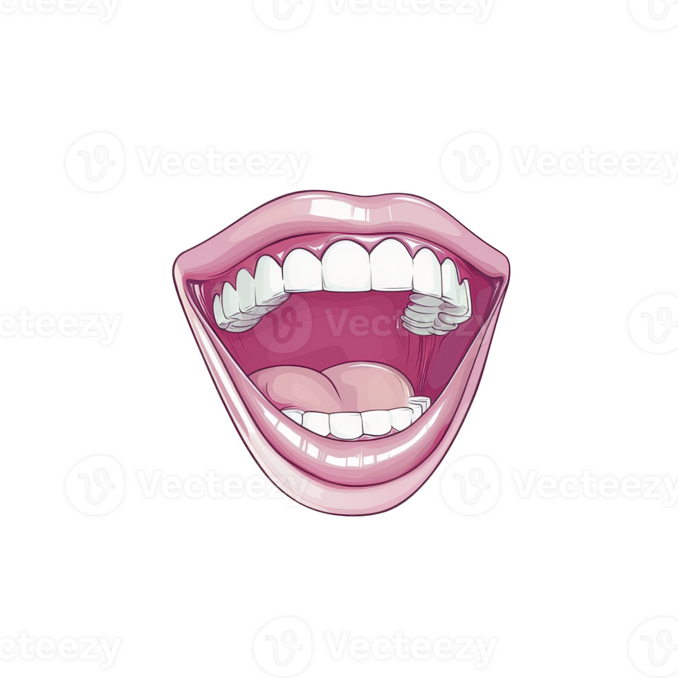 A cartoon illustration of open mouth with visible teeth and tongue, expressing laughter or joy. image features glossy pink lip and detailed depiction of inside of mouth, emphasizing cheerful png