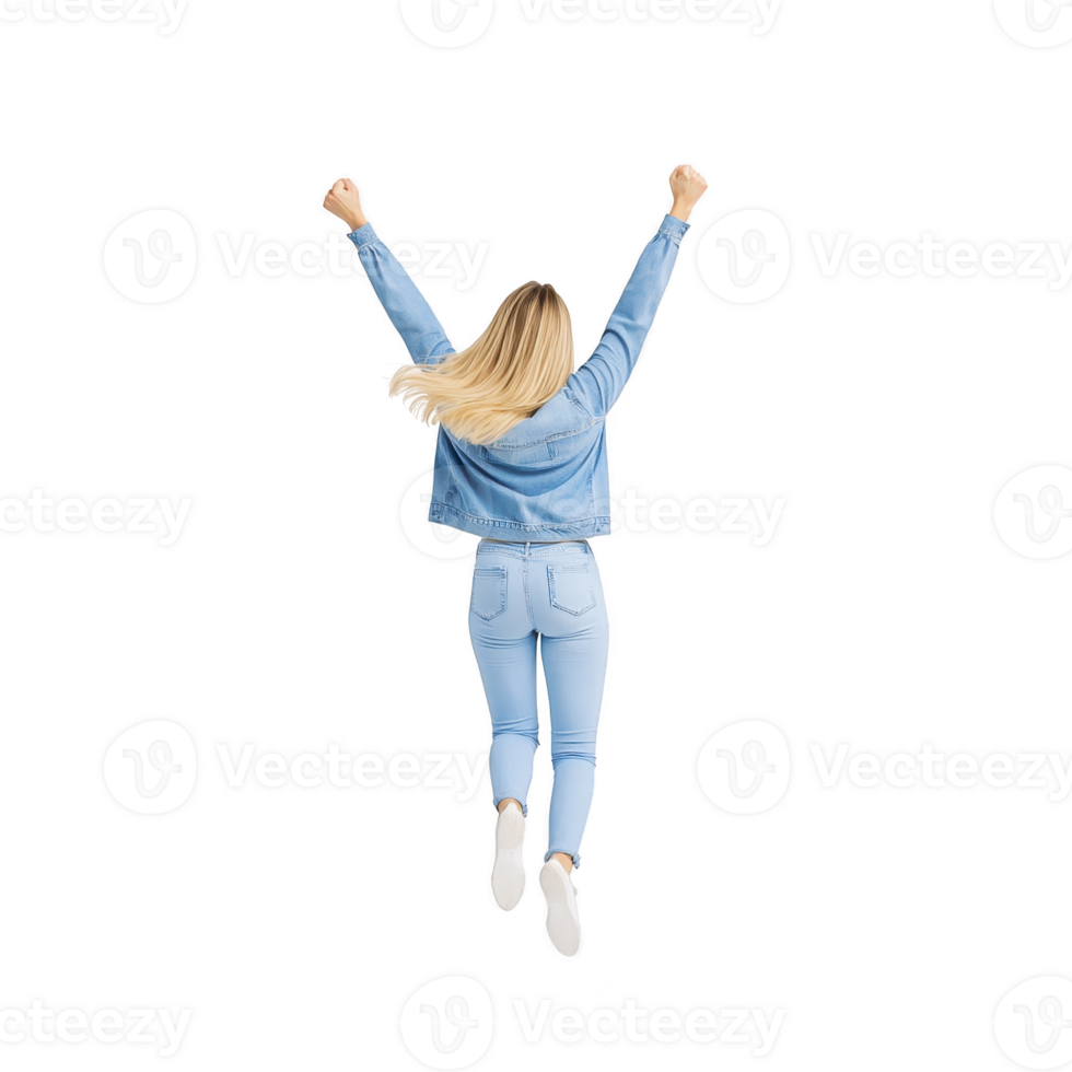 A woman in denim outfit jumps with arms raised, expressing joy and freedom. image captures her from behind, highlighting her blonde hair and casual style against transparency background png