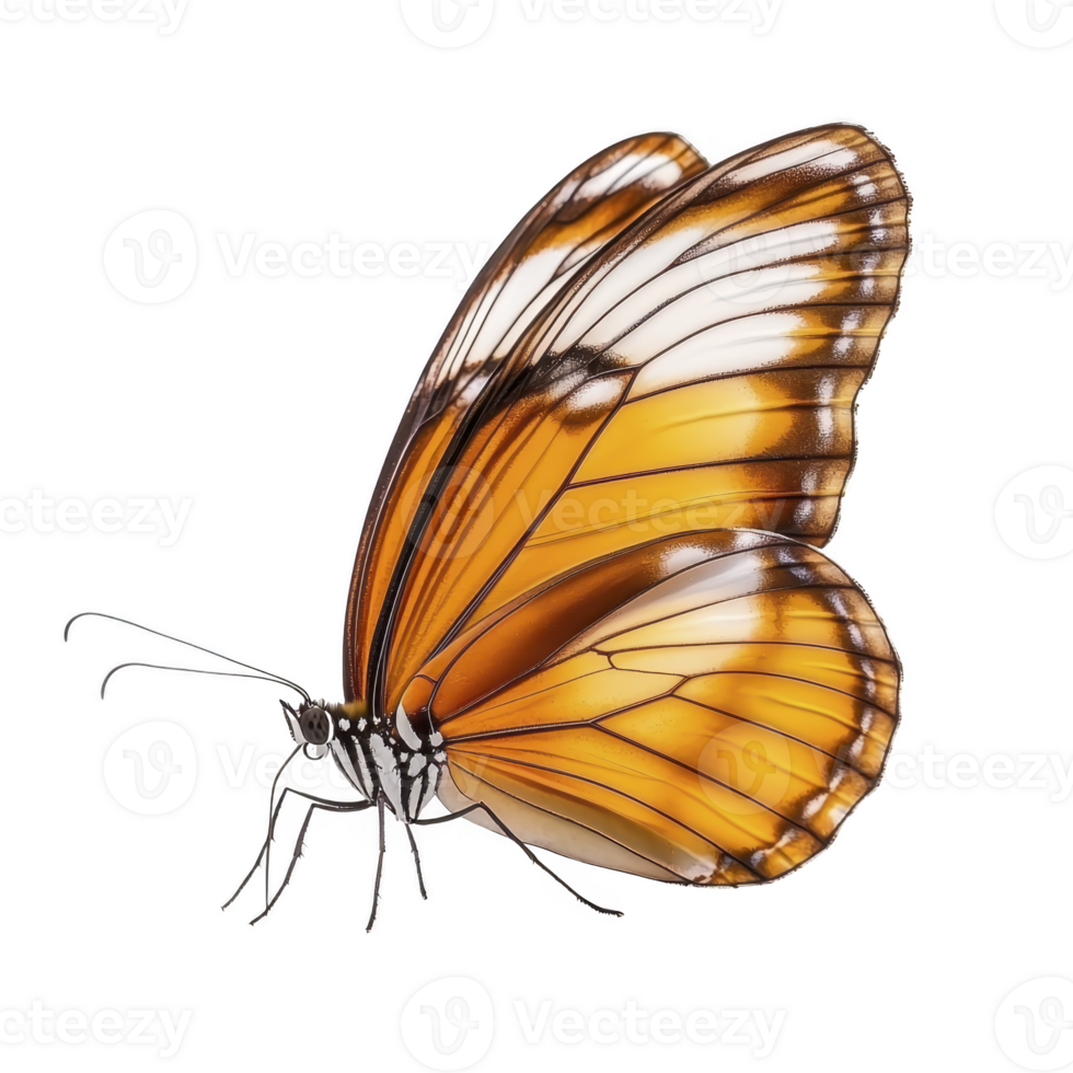 A vibrant orange and white butterfly with delicate wings is depicted side view, showcasing its intricate patterns and natural beauty. butterfly wings are striking combination of orange and white png
