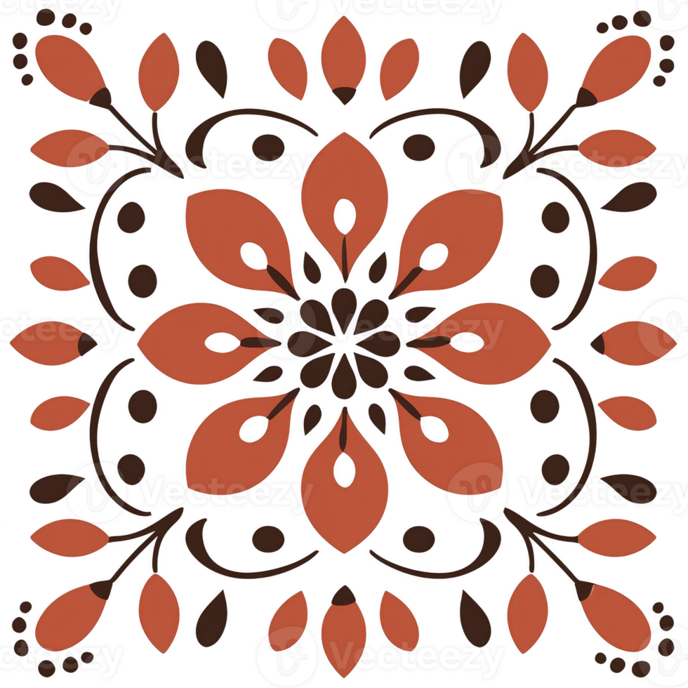 A symmetrical floral pattern with red and black elements creates striking and elegant design. intricate arrangement of leaves and petals forms harmonious and decorative motif png