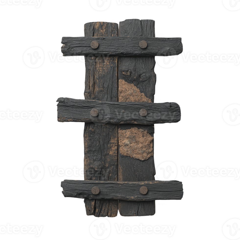 A rustic wooden fence section with weathered, darkened planks and visible nails, showcasing rugged, aged texture. wood appears charred and worn, adding vintage, historical feel to piece png