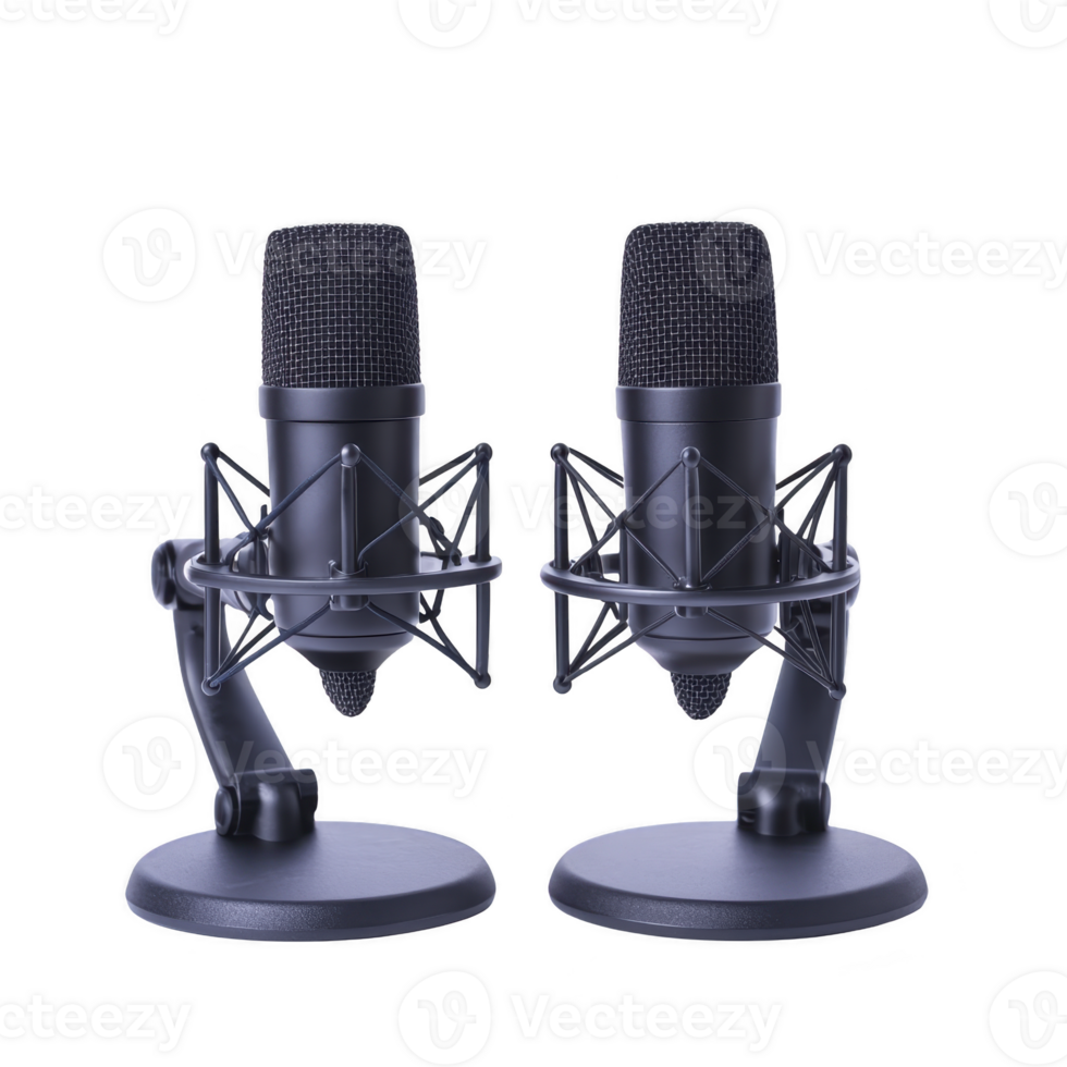 A Two professional studio microphones with shock mounts are positioned side by side, ideal for podcasting or recording. sleek design and sturdy stands enhance audio quality png
