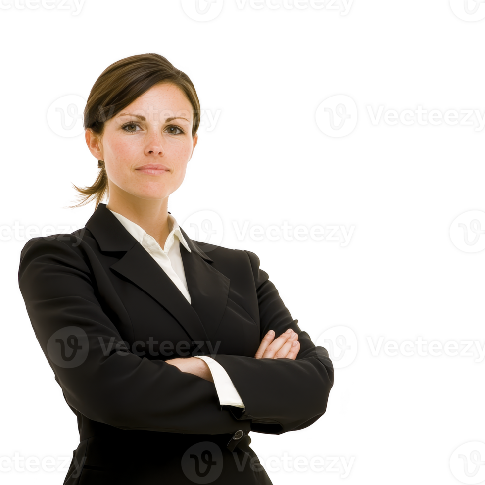 A confident woman in black suit stands with arms crossed, exuding professionalism and determination. Her expression is serious, and she appears ready to tackle any challenge in business environment png