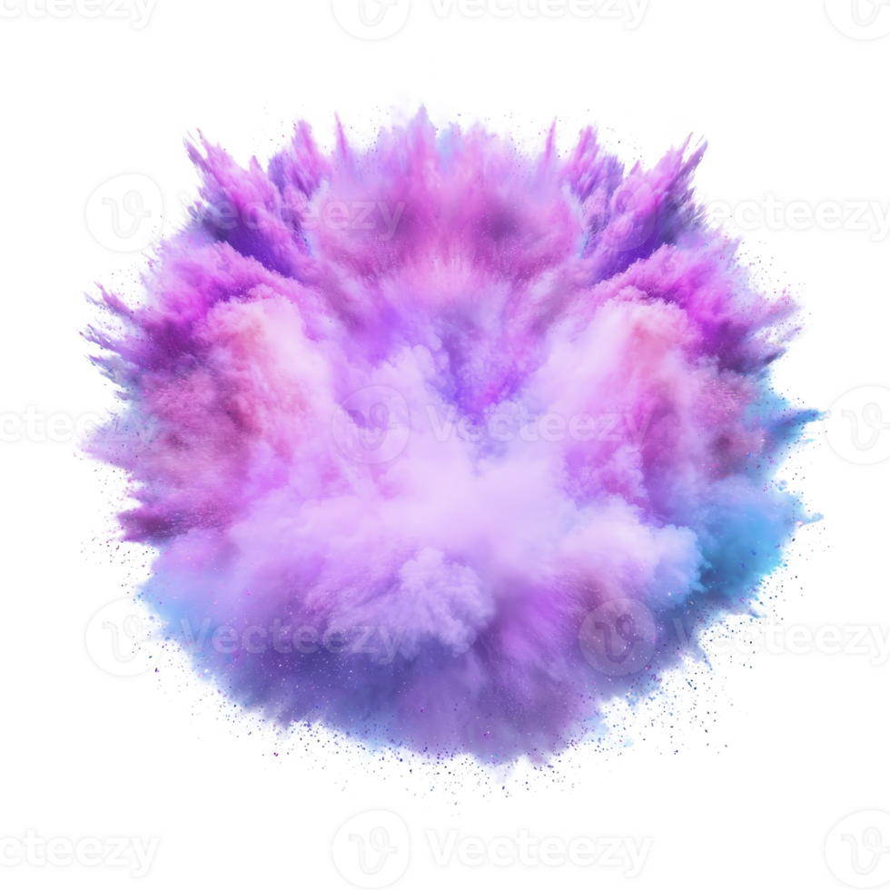 A vibrant explosion of pink, purple, and blue powder creates dynamic and colorful burst against transparency background, capturing essence of energy and creativity png