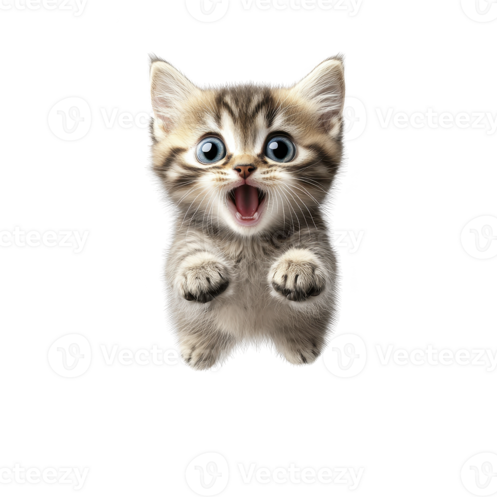 A playful kitten with wide eyes and excited expression appears to be jumping or reaching out, showcasing its adorable and energetic nature png