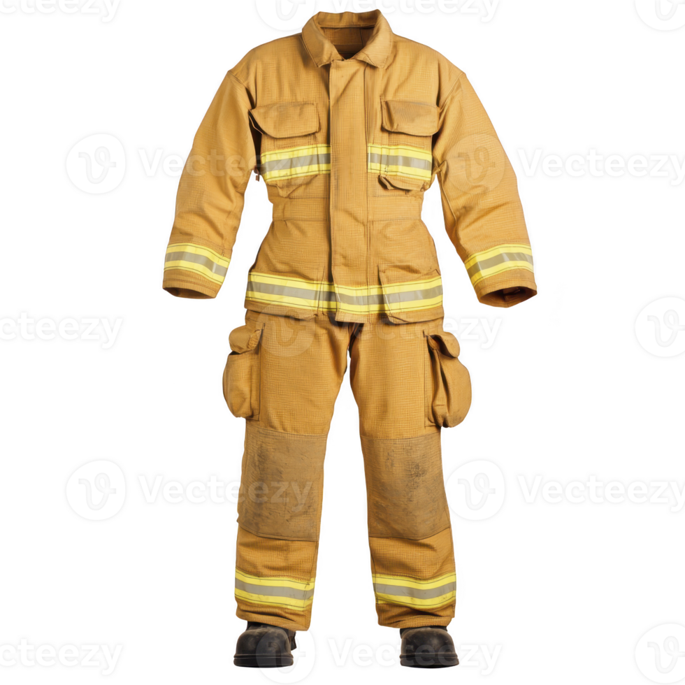 A firefighter protective suit with reflective stripes is displayed, showcasing its durable material and essential design for safety in hazardous environments png