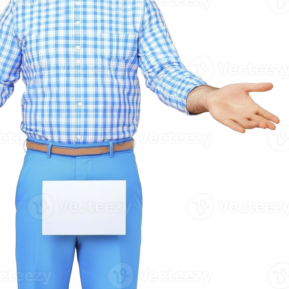 A man in blue checkered shirt and blue pants holds blank white sign, gesturing with open arms. image conveys welcoming or inviting expression, suitable for presentations or advertisements png