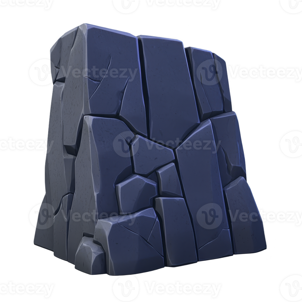 A large, angular, dark blue stone with cracked surface, resembling stylized rock formation, stands prominently. stone geometric shapes and deep color give it bold, artistic appearance png