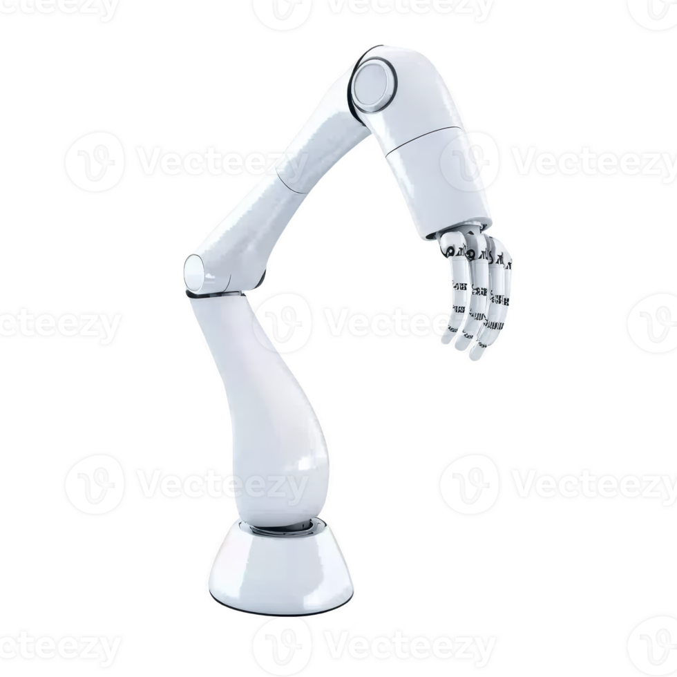 sleek robotic arm with metallic finish is shown, featuring flexible joint and hand with articulated fingers, designed for precision tasks in industrial automation png
