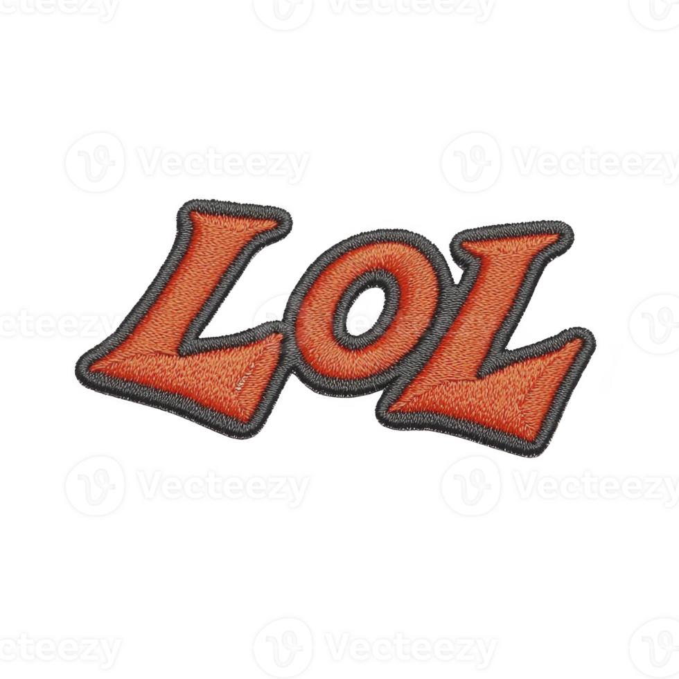 An image features embroidered patch with text LOL in bold, orange letters outlined in black, conveying playful and humorous expression png