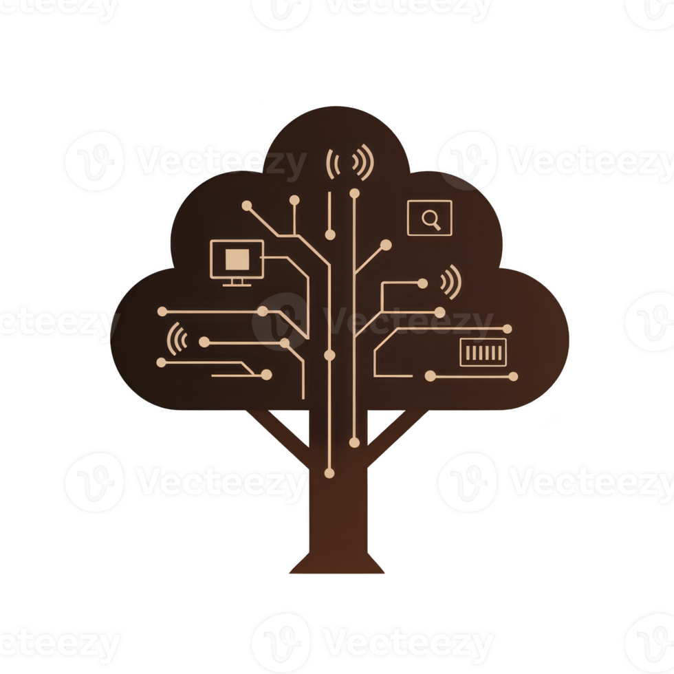 stylized tree with circuit like branches symbolizes technology integration and connectivity, featuring icons like computer, Wi Fi, and search, representing digital growth png