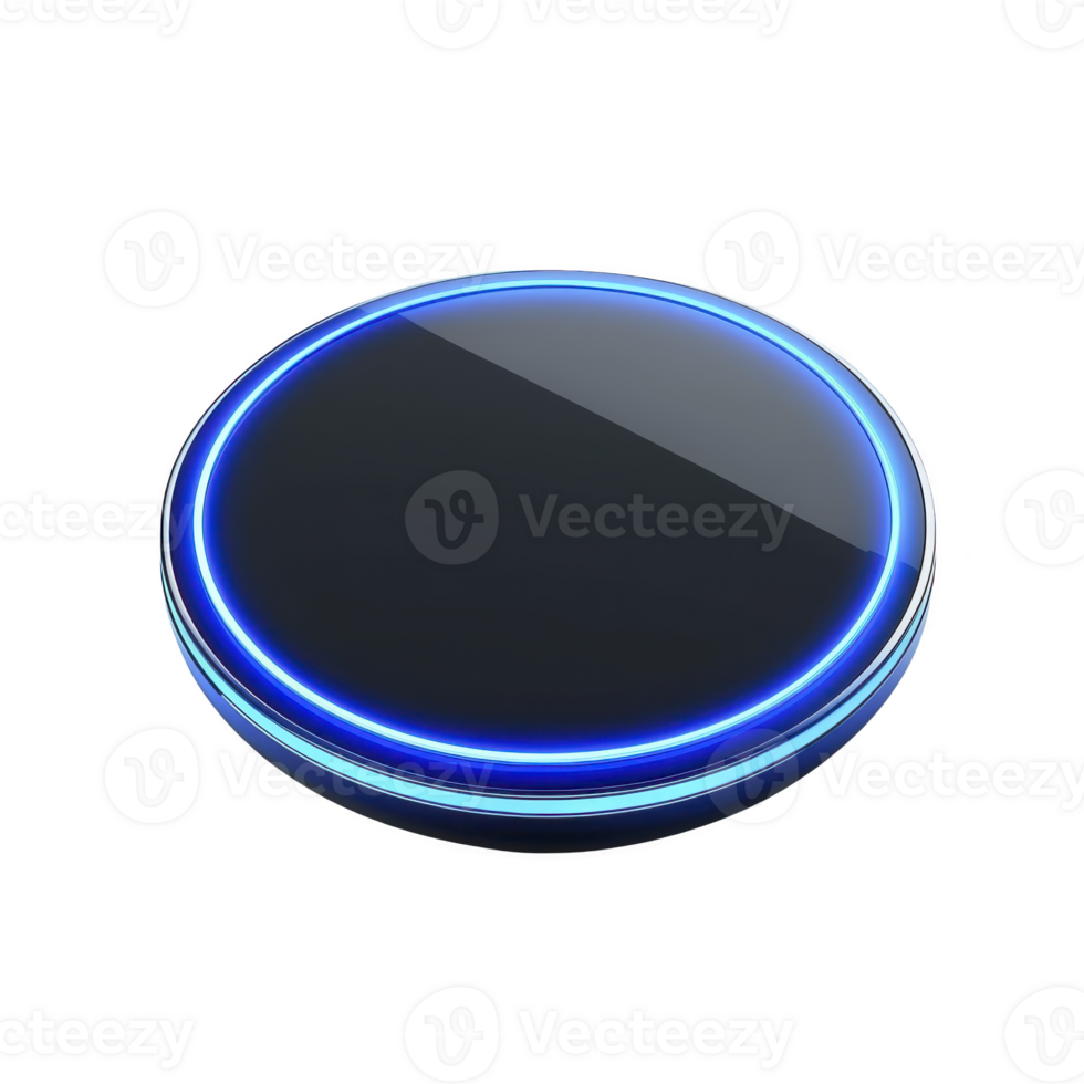 sleek, futuristic blue LED ring glows around glossy black circular surface, creating modern and high tech appearance. design is minimalistic and elegant png