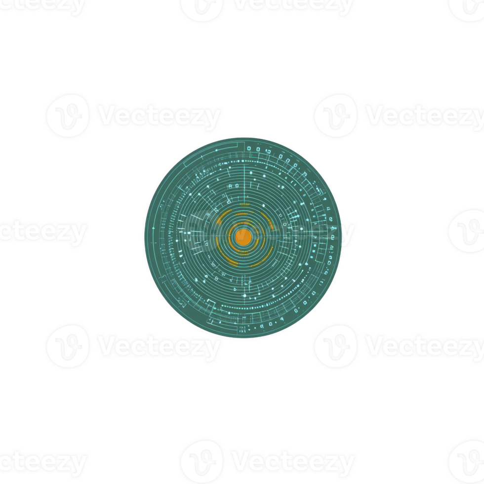 digital circular pattern with intricate geometric designs and central orange core, resembling futuristic interface or technological diagram. design is set against transparency background png