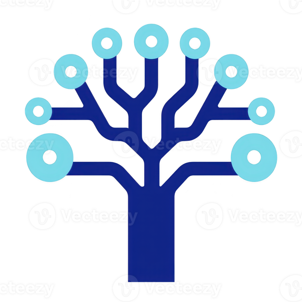 stylized tree design with dark blue trunk and branches, featuring light blue circular elements at ends, resembling digital or technological theme png