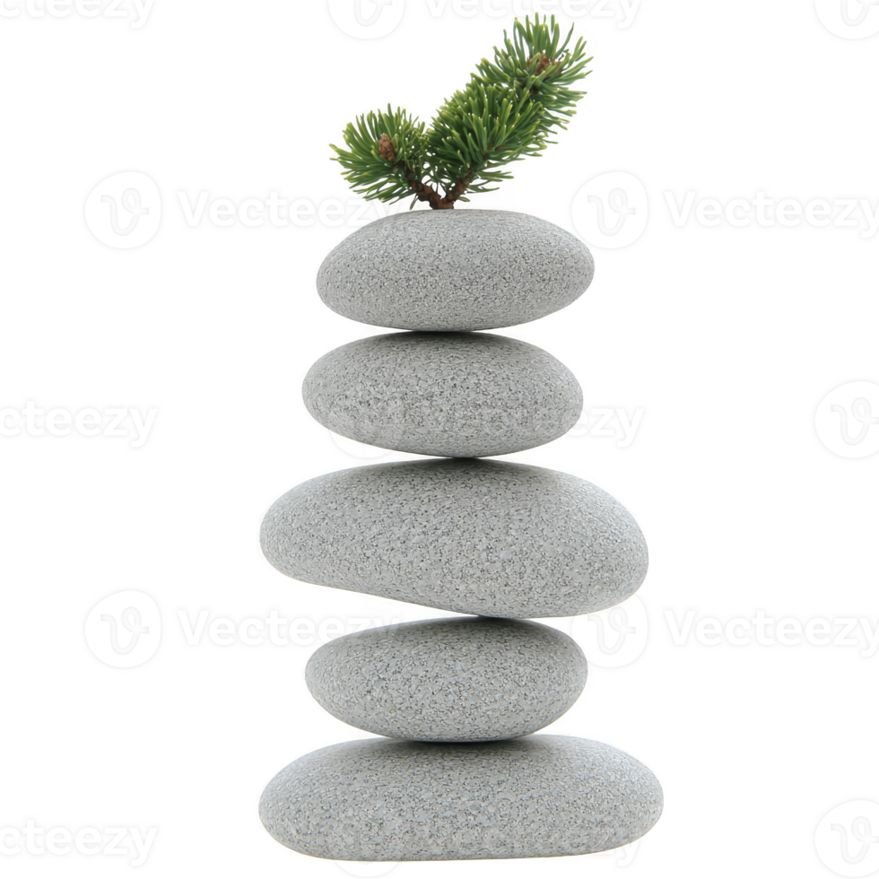 A stack of smooth gray stones is balanced with small green pine branch top, symbolizing harmony and balance nature. stones are arranged vertical column, creating serene and peaceful composition png