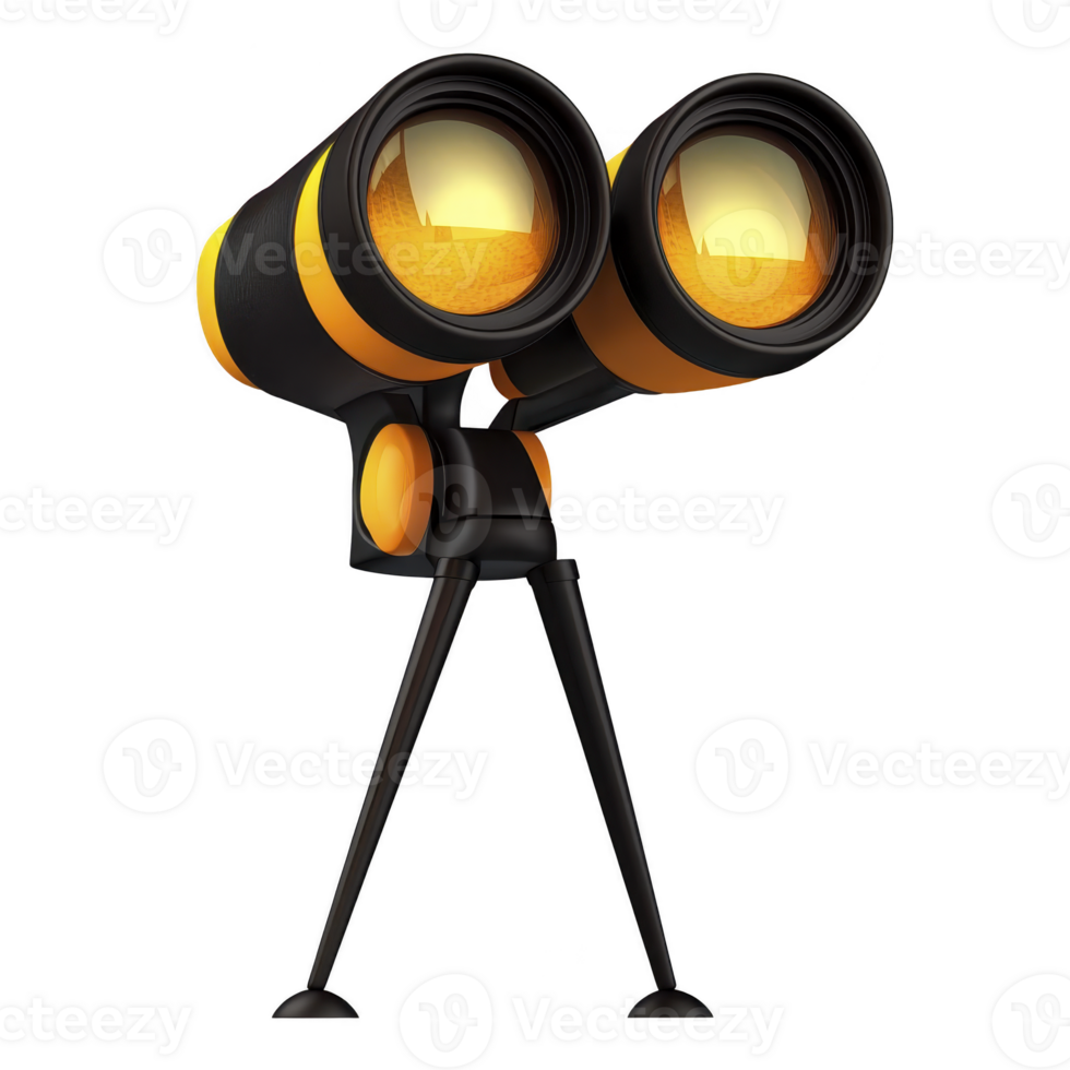 pair of modern binoculars with sleek black and orange design is mounted on tripod, showcasing reflective lens surface. binoculars appear ready for use in outdoor activities png