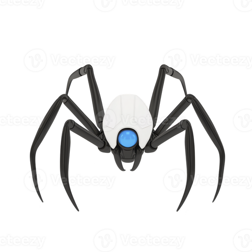 futuristic robotic spider with sleek white body and glowing blue eye, featuring long black legs, showcases advanced technology and innovation png
