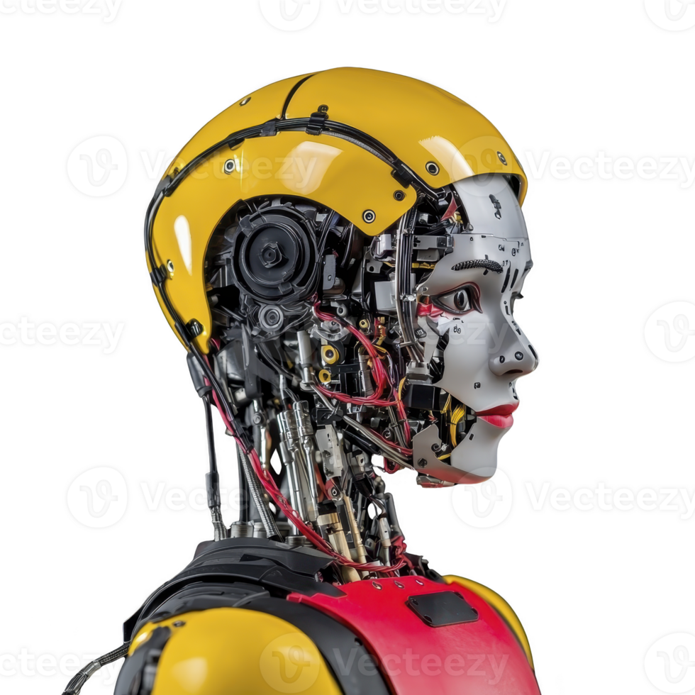 futuristic humanoid robot with yellow and red exterior, showcasing intricate mechanical details and wires, stands against plain background. robot design is sleek and modern, highlighting advanced png