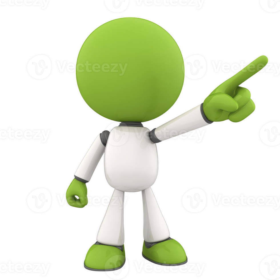 green 3D character with round head and white body is pointing upwards with its right hand, conveying sense of direction or instruction. character design is simple and cartoonish png