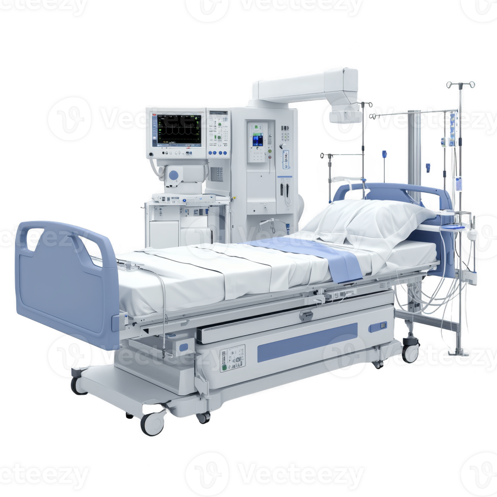 modern hospital room with advanced medical equipment, including hospital bed, ventilator, and monitoring devices, designed for patient care in clinical setting png