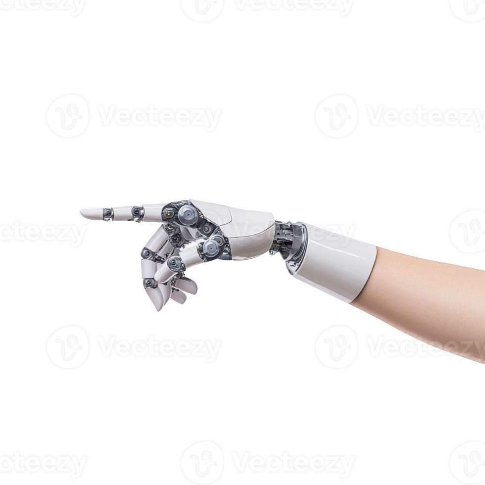 robotic hand with sleek design is pointing forward, showcasing advanced technology and innovation. mechanical fingers and joints are detailed, highlighting precision engineering png