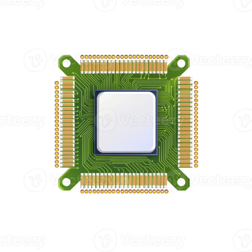 detailed illustration of green microchip with gold connectors, showcasing intricate circuit patterns and central processing unit. design highlights complexity and precision of modern technology png