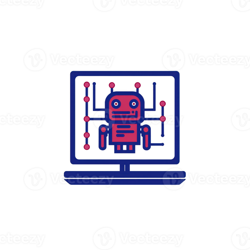 stylized illustration of robot on computer screen, symbolizing artificial intelligence and technology. design features red robot with circuit like elements, conveying futuristic theme png