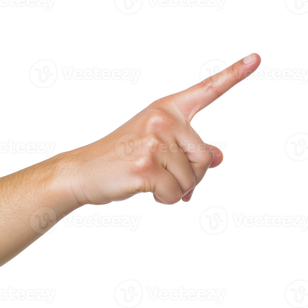 hand with light skin tone is pointing with index finger extended, isolated on transparency background. gesture is clear and expressive, often used for indicating direction or emphasis png