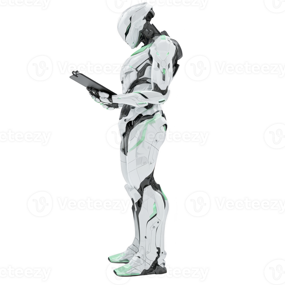 futuristic humanoid robot stands in profile, holding tablet. sleek design features white and metallic surfaces with glowing accents, suggesting advanced technology and artificial intelligence png