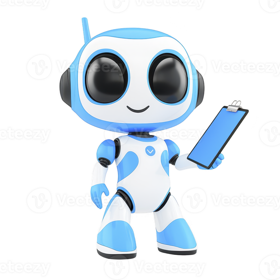 cute blue and white robot with large eyes is holding clipboard, showcasing friendly and futuristic design. robot cheerful expression adds playful touch to its high tech appearance png