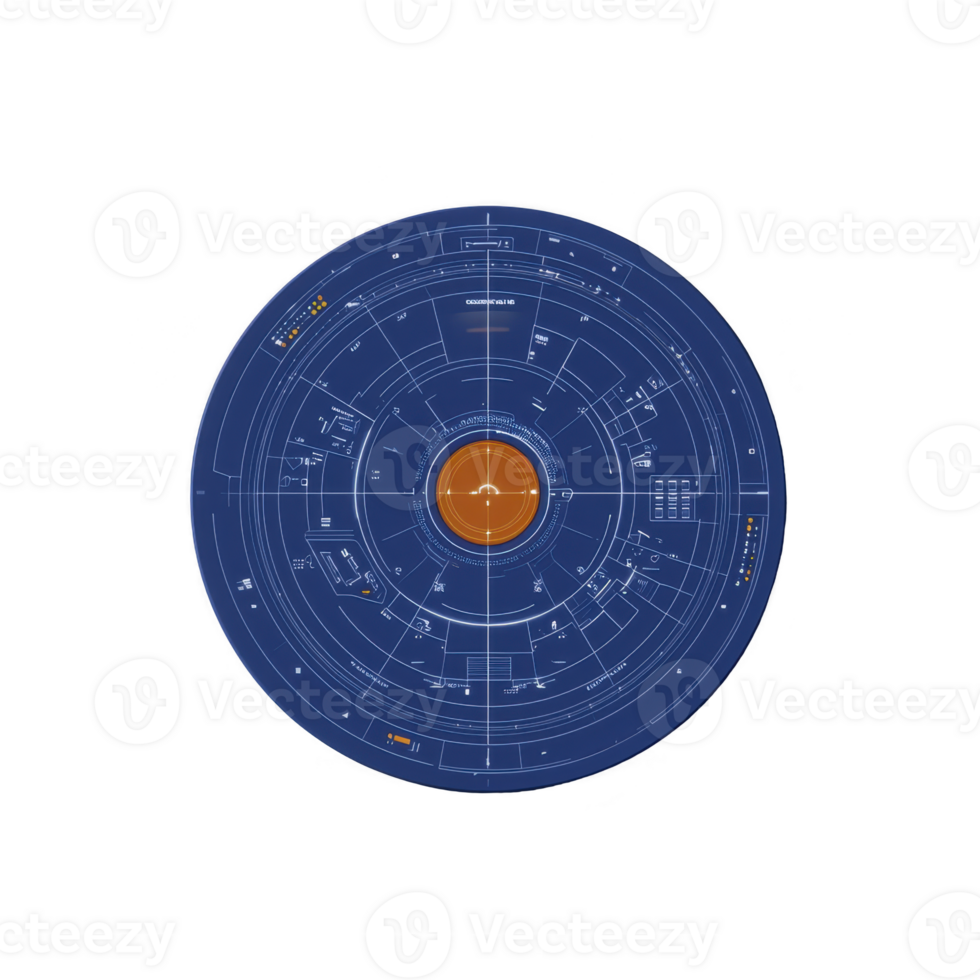 This features detailed, circular blueprint design with central orange core surrounded by intricate blue technical schematics, evoking futuristic and complex technological concept png