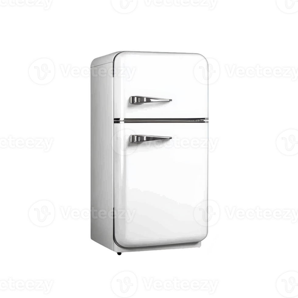 retro style white refrigerator with chrome handles, featuring top freezer compartment. design evokes vintage aesthetic, combining functionality with nostalgic charm png