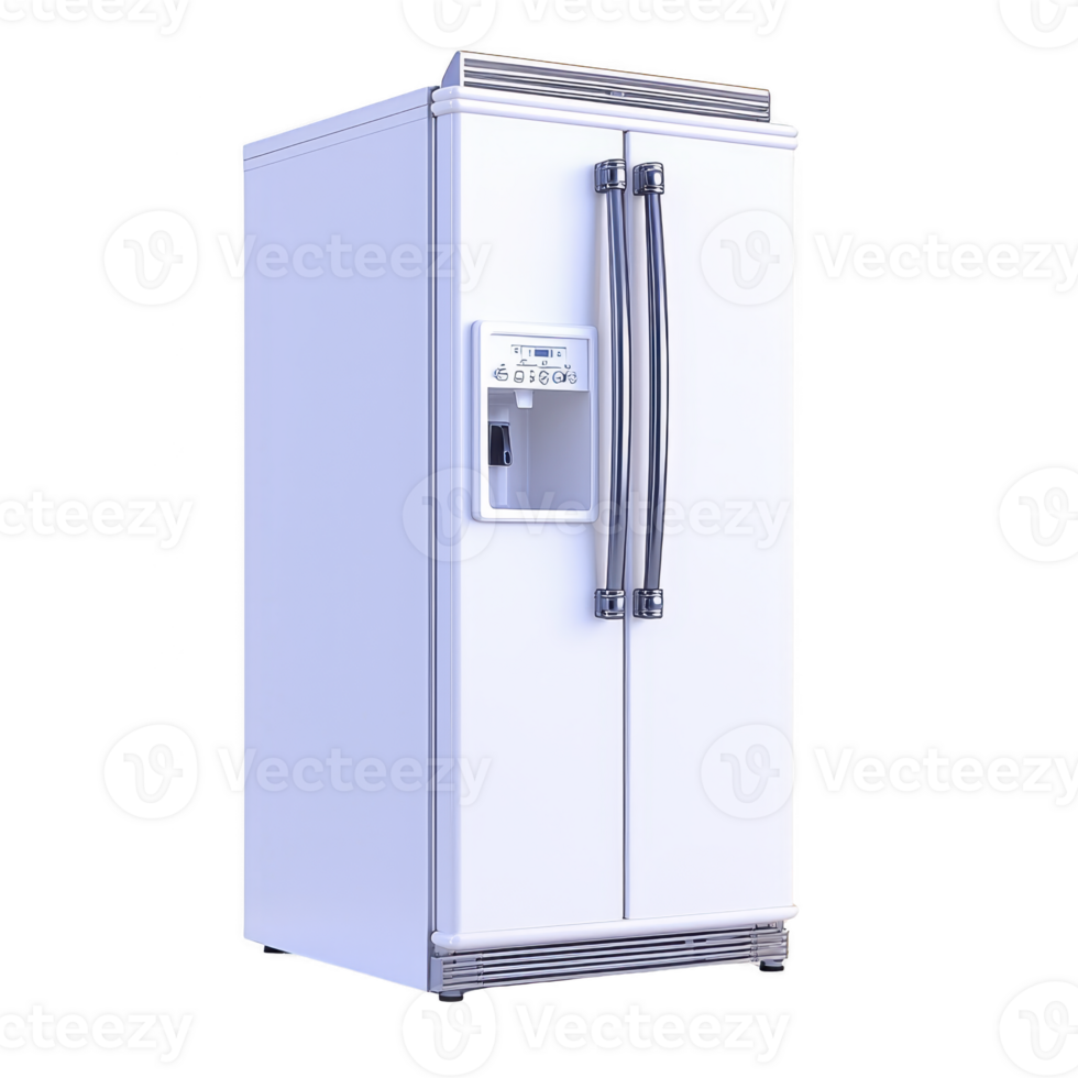 modern white refrigerator with sleek design and built in water dispenser, perfect for contemporary kitchens. appliance features double doors and stainless steel handles png