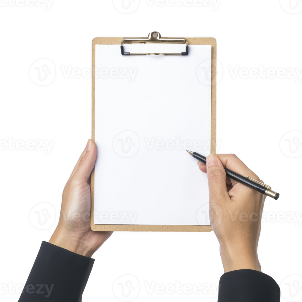person holding clipboard with blank sheet of paper, ready to write with pen. image conveys sense of readiness and organization, suitable for business or educational contexts png