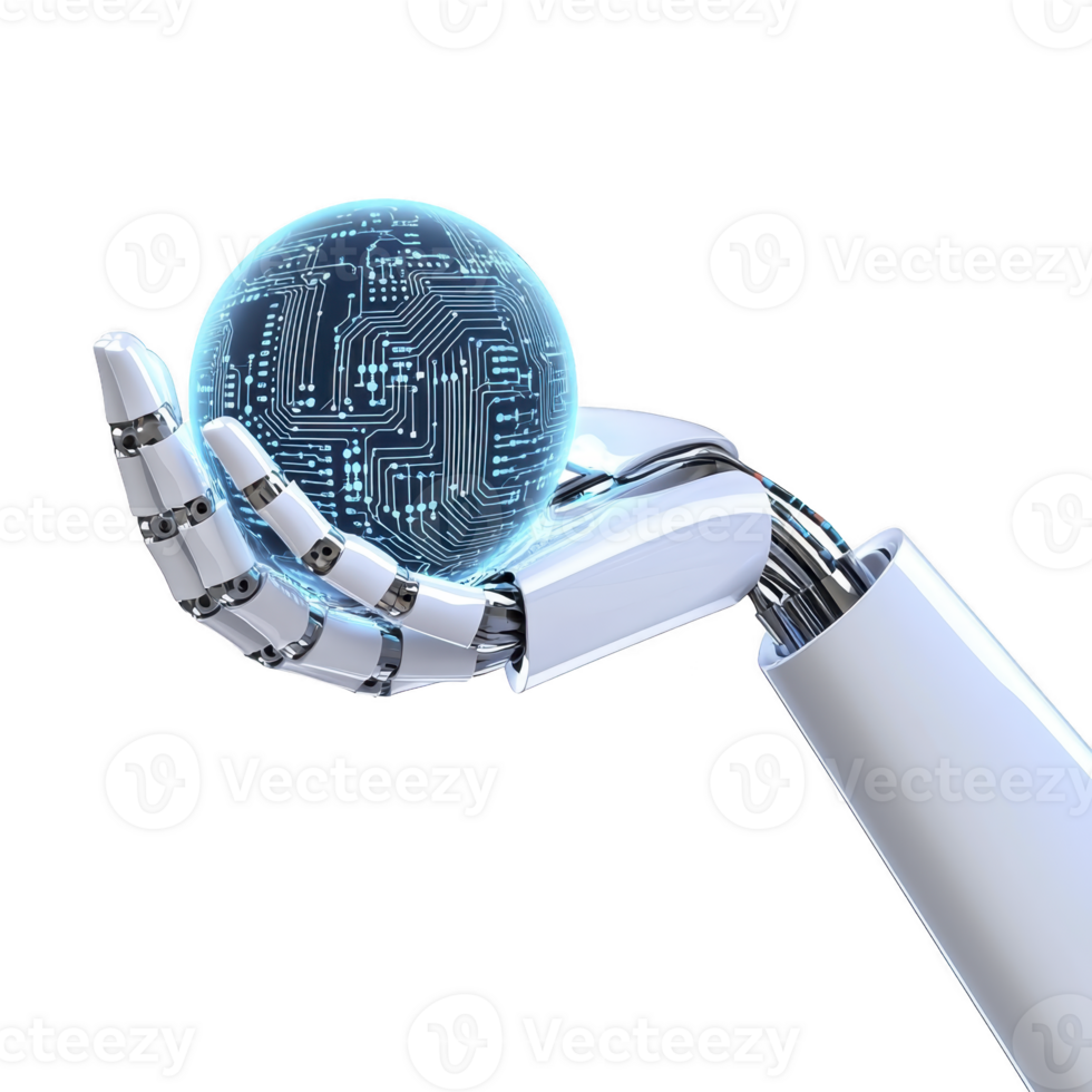 robotic hand gracefully holds glowing, circuit patterned sphere, symbolizing advanced technology and artificial intelligence. futuristic design evokes innovation and digital connectivity png