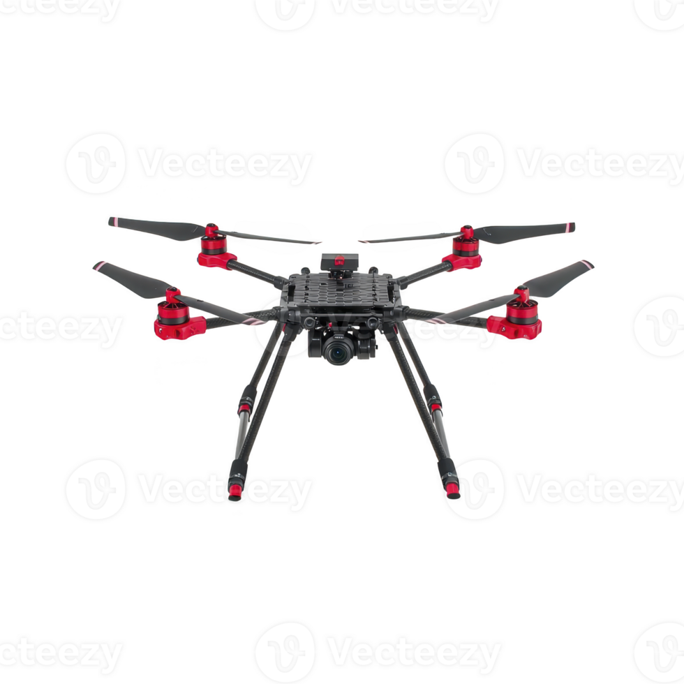 black and red drone with six propellers is shown, designed for aerial photography and videography. It features camera mounted underneath, offering advanced technology for capturing high quality png