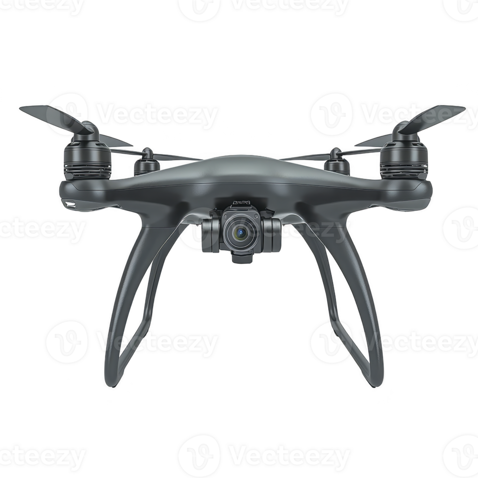 sleek, modern drone with camera is shown in front view, highlighting its aerodynamic design and advanced technology. drone propellers and camera are prominently featured png
