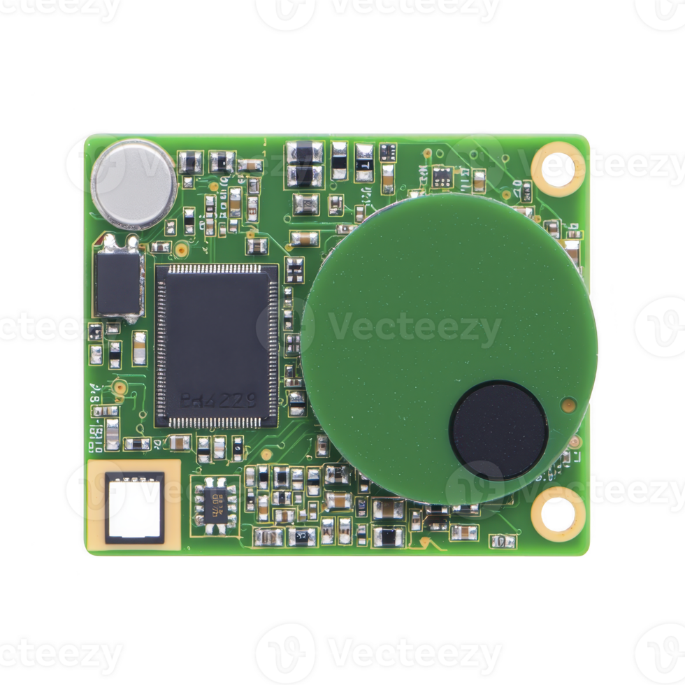 small green circuit board with various electronic components, including microchip and capacitors, is designed for electronic applications. compact design suggests use advanced technology systems png