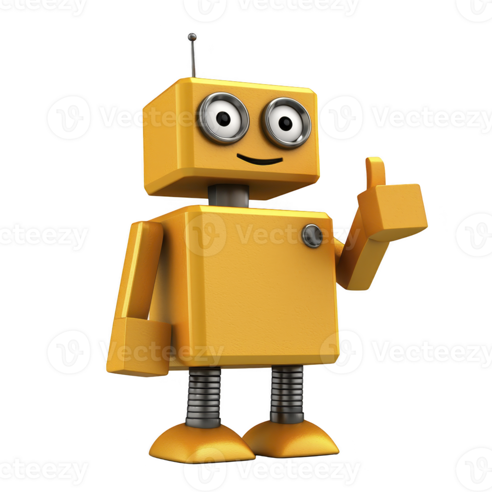 cheerful yellow robot with boxy design and large eyes gives thumbs up, showcasing friendly and approachable demeanor. robot simple, cartoonish style adds to its charm png
